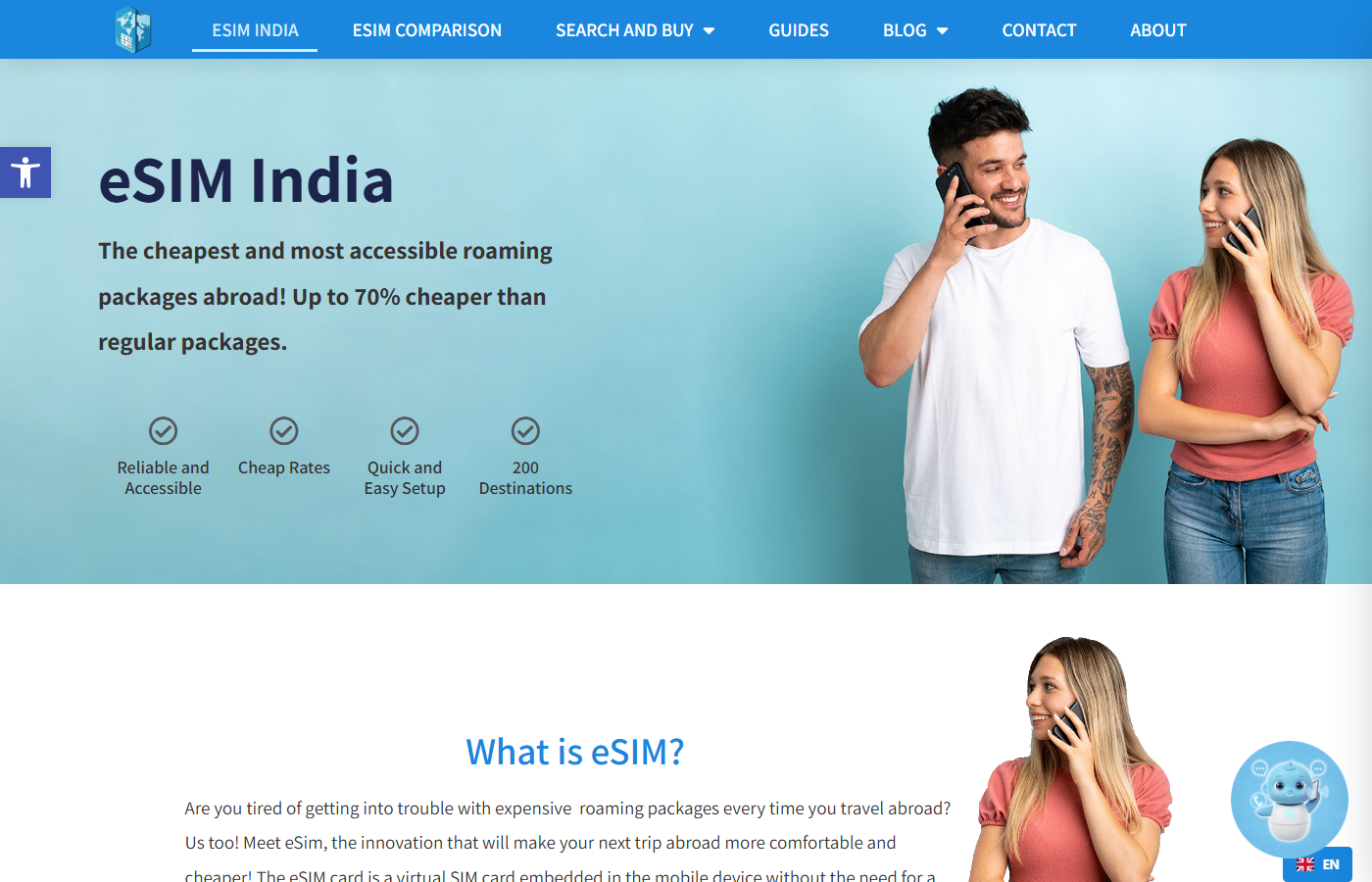 eSIM India website with AI chatbot showing coupon codes